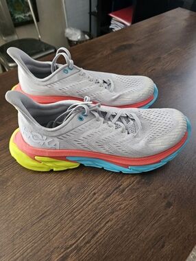 Hoka One Mens Running Shoes - Light Gray with Coral, Turquoise & Yellow. Mens 11